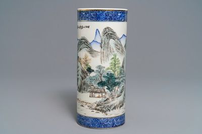 A cylindrical Chinese qianjiang cai hat stand, signed Wang Youtang, 20th C.