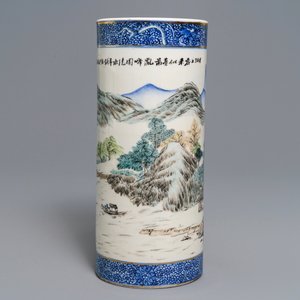 A cylindrical Chinese qianjiang cai hat stand, signed Wang Youtang, 20th C. — 照片 2