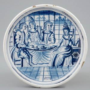 A dated blue and white salver with a tea drinking scene, Harlingen, Friesland, 1775 — photo 1