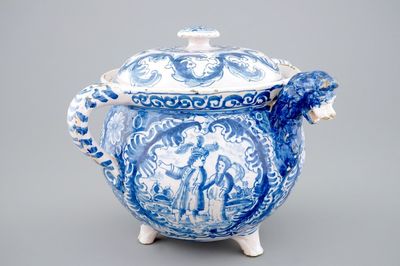 A dated blue and white spouted bowl with biblical scenes, Harlingen, Friesland, 1718