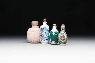 A diverse group of four Chinese snuff bottles, one with Qianlong mark, 19th C.