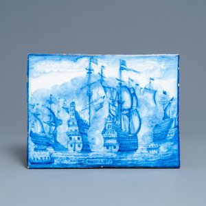 A Dutch blue and white Delft-style plaque depicting the naval Battle of the Downs, ca. 1800 — photo 1
