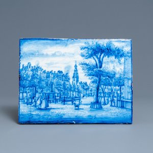 A Dutch blue and white Delft-style plaque with a village view, probably Utrecht, ca. 1800 — 照片 1