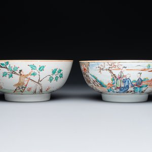 A Dutch-decorated Chinese bowl and a Canton famille rose 'mandarin subject' bowl, Qianlong — 照片 1