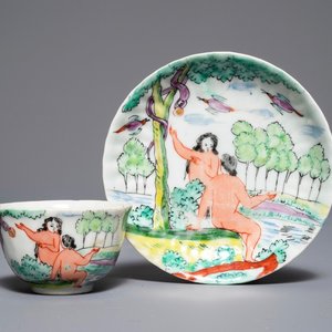 A Dutch-decorated Chinese export 'Adam & Eve' cup and saucer, Yongzheng — photo 1