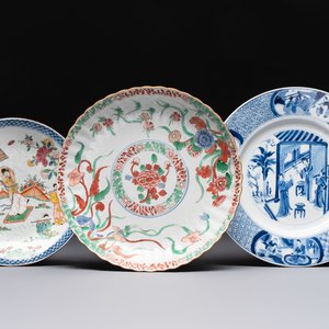 A Dutch-decorated Chinese plate, an Imari-verte dish and a blue and white dish, Kangxi/Yongzheng — photo 1