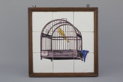 A Dutch Delft 9-tile panel with a bird in a cage, 18th C.