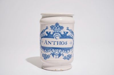 A Dutch Delft blue and white albarello-shaped pharmacy drug jar, 18th C.