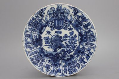 A Dutch Delft blue and white armorial plate, late 17th C.
