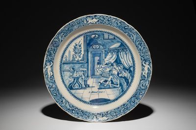 A Dutch Delft blue and white biblical "Amnon and Tamar" dish, dated 1716