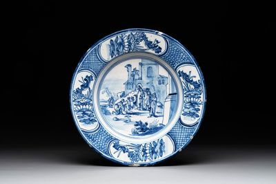 A Dutch Delft blue and white 'biblical subject' dish, 17th C.