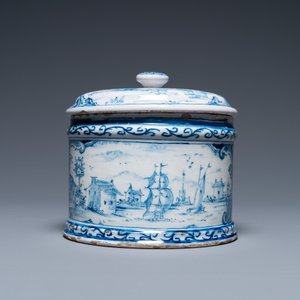 A Dutch Delft blue and white box and cover with fine landscapes, 1st half 18th C. — 照片 4