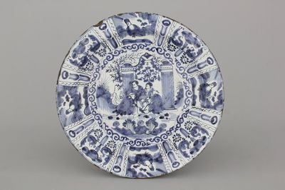A Dutch Delft blue and white chinoiserie Ming style dish, 18th C.