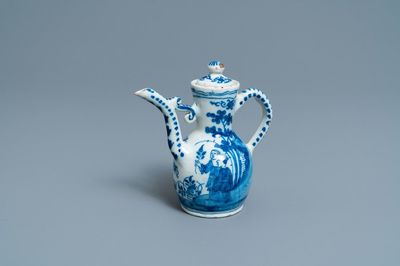 A Dutch Delft blue and white chinoiserie wine ewer and cover, 18th C.