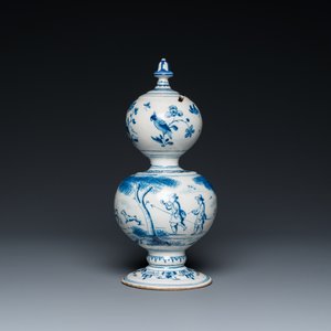 A Dutch Delft blue and white double gourd money bank with a deer hunt, dated 1732 — photo 4