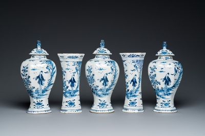 A Dutch Delft blue and white five-piece chinoiserie garniture, 1st quarter 18th C.