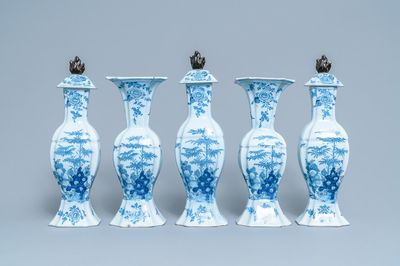 A Dutch Delft blue and white five-piece garniture with floral chinoiserie design, 18th C.