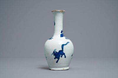 A Dutch Delft blue and white Kakiemon-style bottle vase, late 17th C.