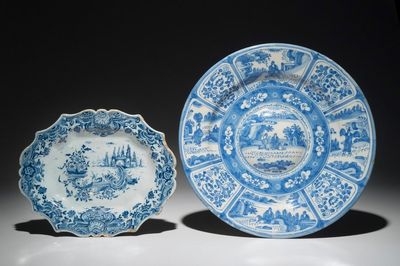 A Dutch Delft blue and white lobed oval tray and a chinoiserie dish, 17/18th C.