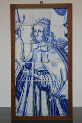 A Dutch Delft blue and white part tile panel of Diana, goddess of the hunt, 17th C.