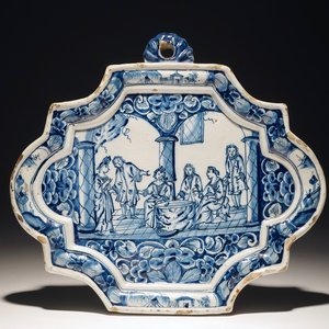 A Dutch Delft blue and white plaque with a tasting scene, 18th C. — photo 1