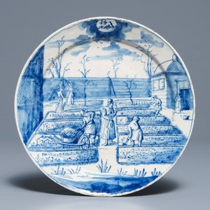 A Dutch Delft blue and white plate with peasants from the 'Zodiac' series, first quarter 18th C. — 照片 1