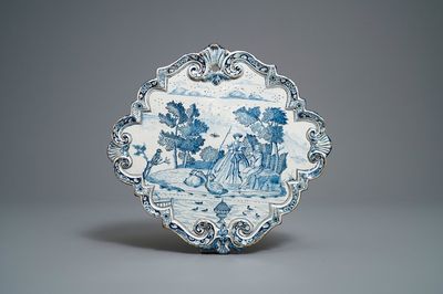 A Dutch Delft blue and white 'romantic subject' plaque, 18th C.