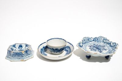 A Dutch Delft blue and white salt, a chocolate cup and a spice dish, 18th C.
