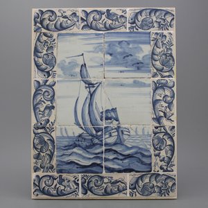 A Dutch Delft blue and white tile panel with a herring buss boat, 18th C. — photo 1