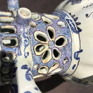 A Dutch Delft blue, white and manganese chinoiserie puzzle jug, dated 1690 — photo 14