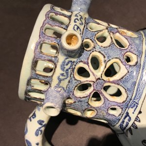 A Dutch Delft blue, white and manganese chinoiserie puzzle jug, dated 1690 — photo 18