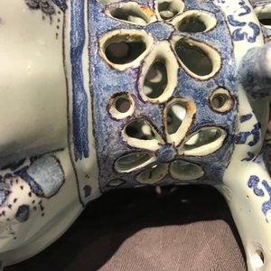 A Dutch Delft blue, white and manganese chinoiserie puzzle jug, dated 1690 — photo 10
