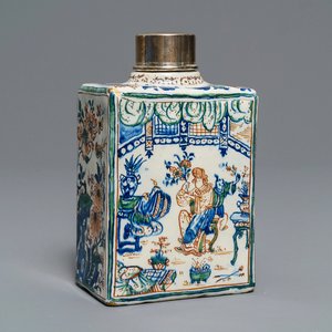 A Dutch Delft cashmere palette chinoiserie tea caddy, 17/18th C. — 照片 1