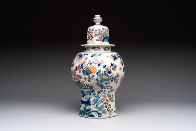 A Dutch delft cashmere palette vase and cover with birds among flowering branches, ca. 1700