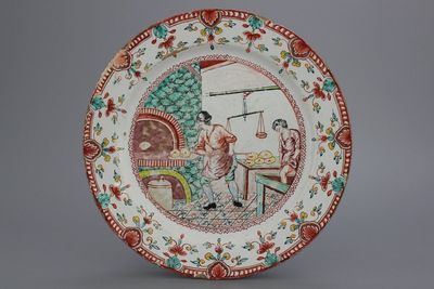 A Dutch Delft doré genre plate with the interior of a bakery, 18th C.