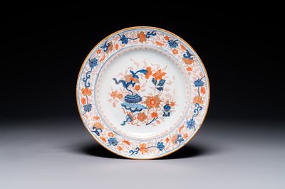 A Dutch Delft Imari-style dish with antiquities, 'AK' mark, 18th C.