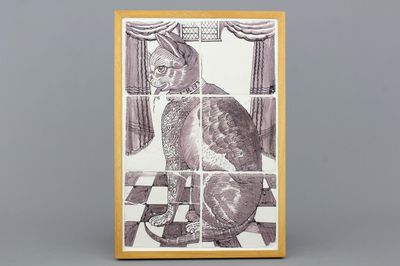 A Dutch Delft manganese tile panel of a cat, 18th C.