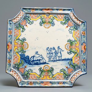A Dutch Delft polychrome mixed technique plaque with figures in a landscape, 18th C. — photo 1