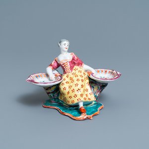 A Dutch Delft polychrome petit feu figural salt cellar, 18th C. — 照片 1