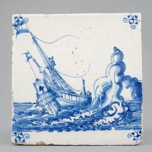 A Dutch Delft tile with a ship near rocks, late 17th C. — photo 1