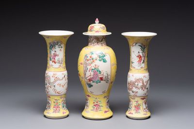 A famille rose-style garniture of three vases, Samson, Paris, 19th C.