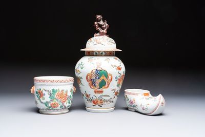 A famille verte-style armorial covered vase, a jar and a clog-shaped bowl, Samson, Paris, 19th C.