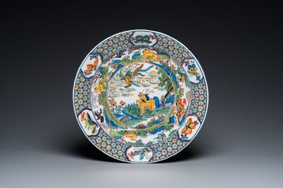 A famille verte-style chinoiserie dish after a Dutch Delft example, Dèsvres, France, 19th C.
