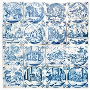 A field of 16 Dutch Delft blue and white biblical tiles with carnation corners, 18th C. — photo 1