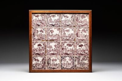 A field of 16 manganese Dutch Delft tiles, Rotterdam, 18th C.