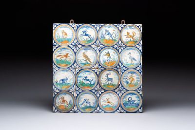 A field of 16 polychrome Dutch Delft medallion tiles with animals and a pikeman, 17th C.