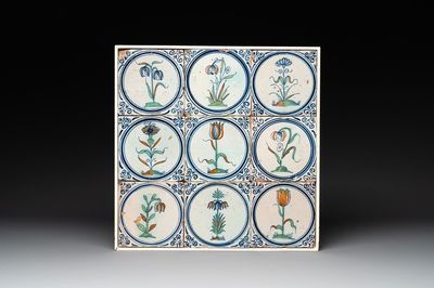 A field of nine polychrome Dutch Delft 'flower' tiles, 17th C.