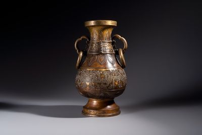 A fine and large Chinese archaistic gilt-bronze vase with handles, Ming
