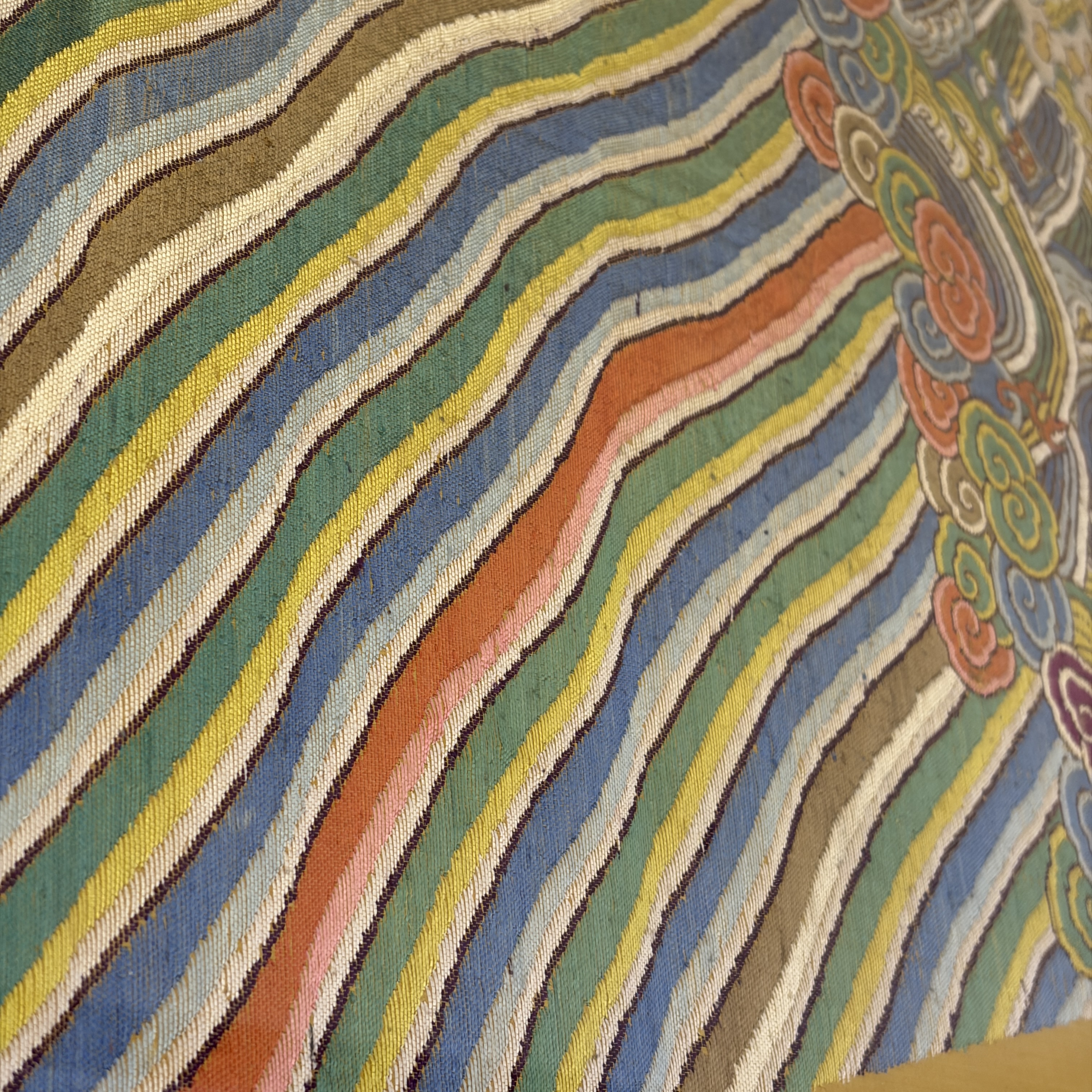 A fine and large Chinese yellow-ground silk kesi 'Dragons' uncut robe panel — foto 3