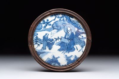 A fine and rare Chinese blue and white 'Shoulao' plaque with wooden mount, Wanli